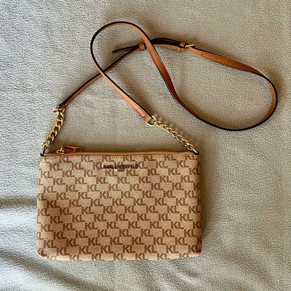 Karl Lagerfeld Paris Tan Logo Crossbody Purse with Gold Accents - Picture 4 of 5